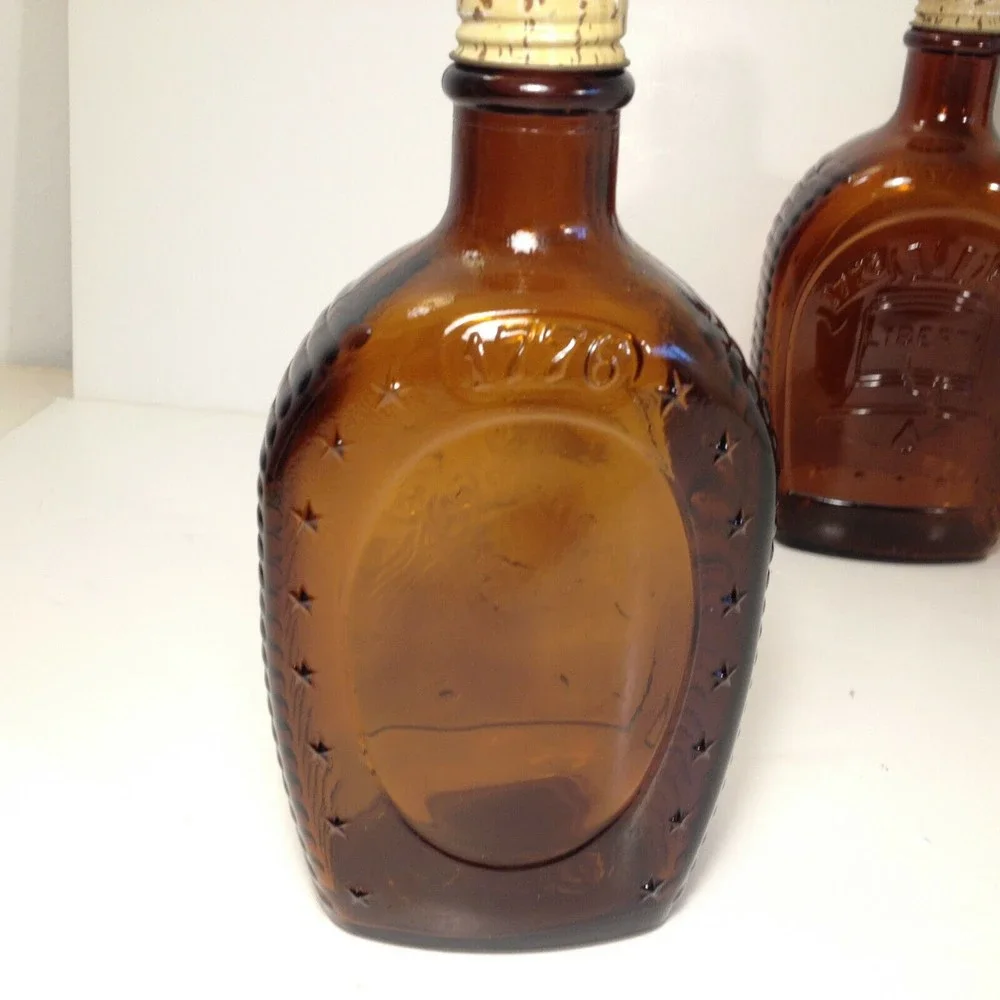 (3) Vintage Log Cabin Syrup USA Bicentennial Amber Glass Bottle 1976  Lot of 3